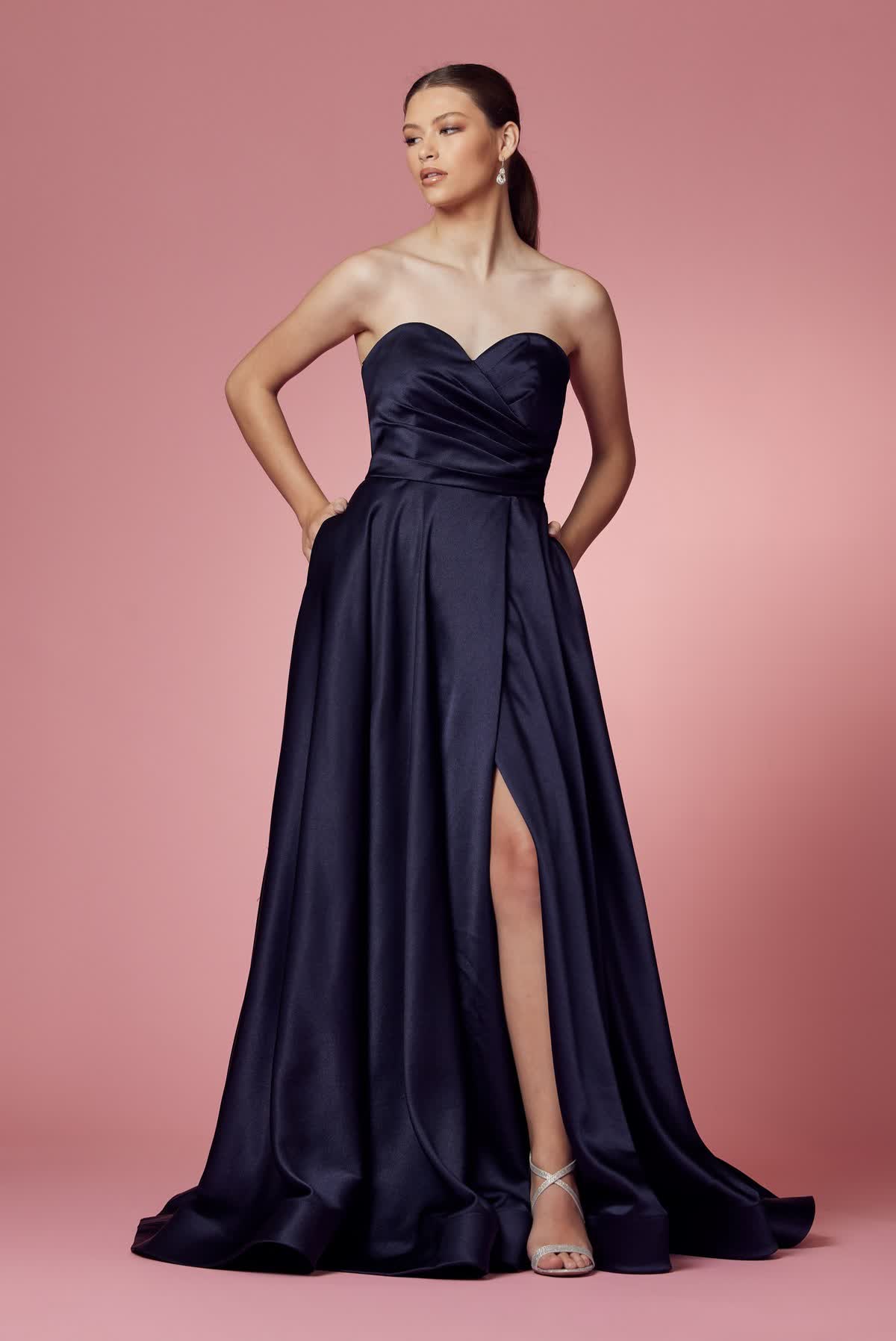 Strapless Satin High Slit Long Prom Dress NXR1036