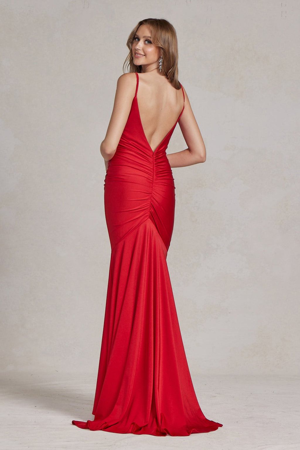 Cowl Neck Low Back Mermaid Open V-Back Long Evening Dress NXK490