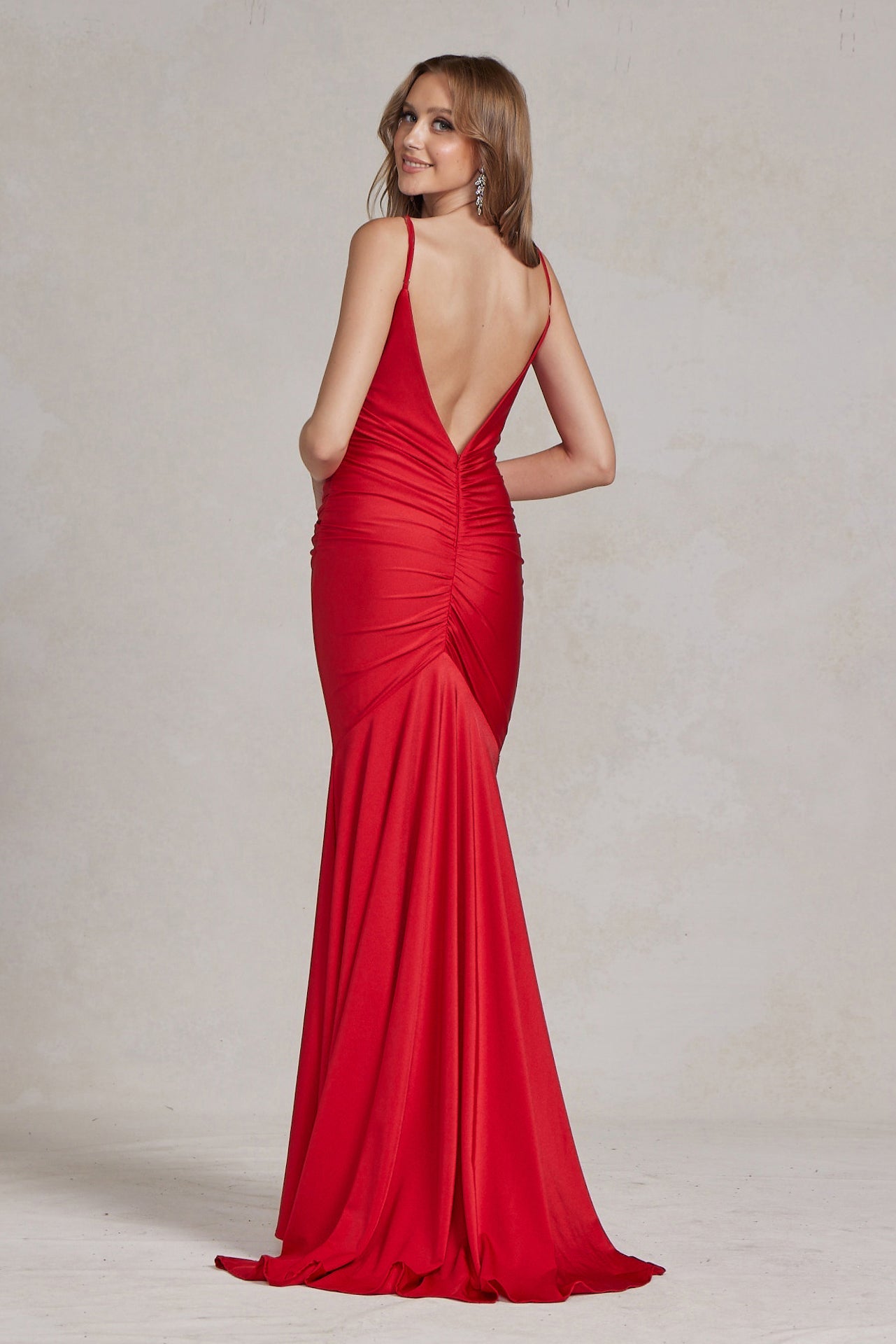 Cowl Neck Low Back Mermaid Open V-Back Long Evening Dress NXK490