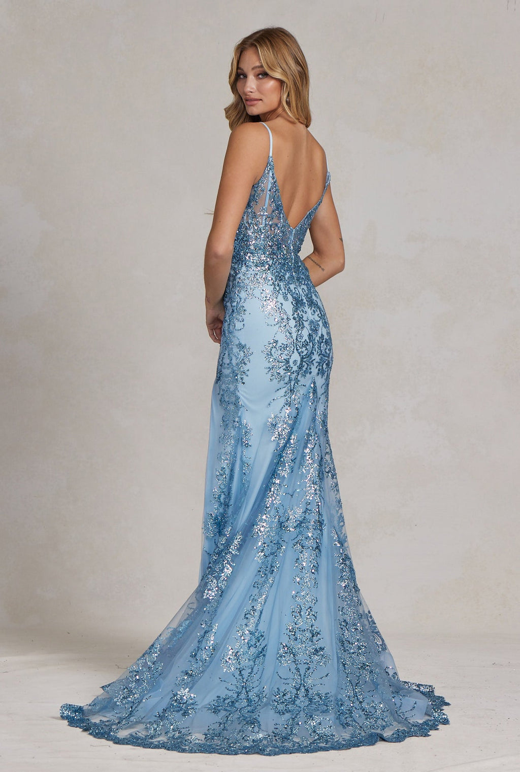 Embellished V-Neck Lace Evening Gown with Slit – Available in Fuchsia & Light Blue NXC1197