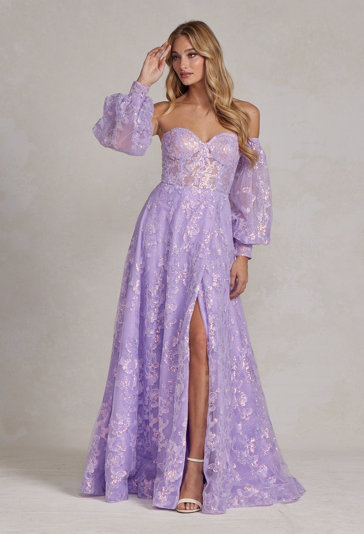 Off Shoulder Sweetheart Sheer Bodice Side Slit Open Back Long Prom Dress NXK1155