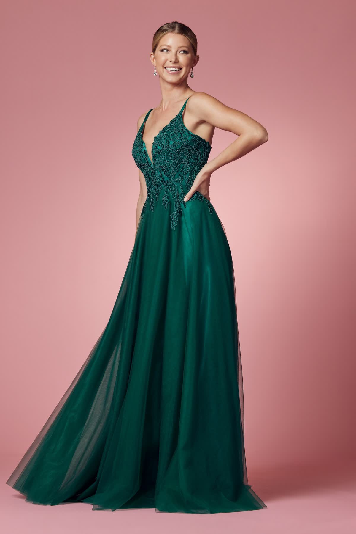 Emerald Green A-Line Tulle Gown with Lace Bodice – Nox Anabel Evening Dress NXR357