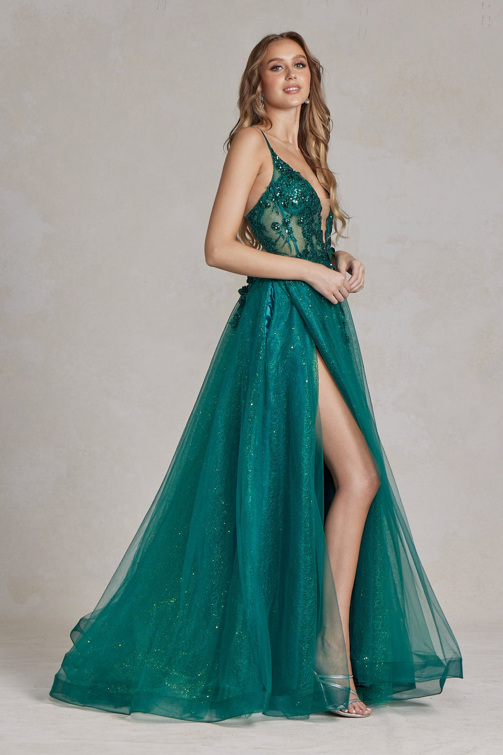 Emerald Green Glitter Tulle Gown with Deep V-Neck and Floral Appliqués – A-Line Prom Dress with Slit  NXC1113