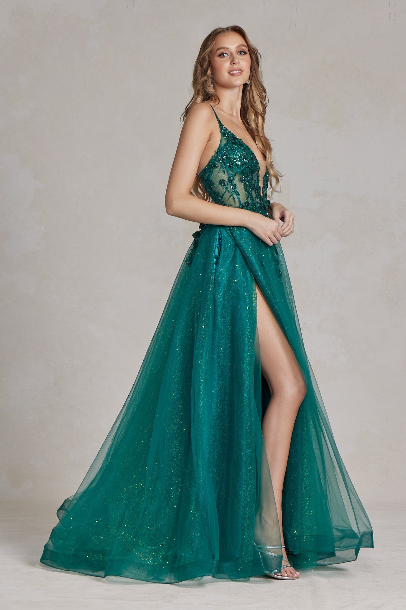 Emerald Green Glitter Tulle Gown with Deep V-Neck and Floral Appliqués – A-Line Prom Dress with Slit  NXC1113