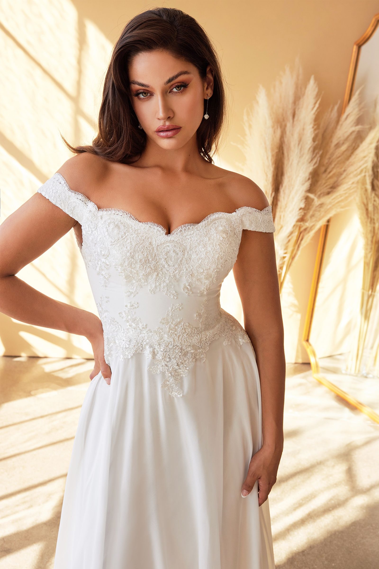 Ivory Off-Shoulder Lace Bodice Gown with Flowy Skirt | Romantic A-Line Bridal Dress  CD7258W