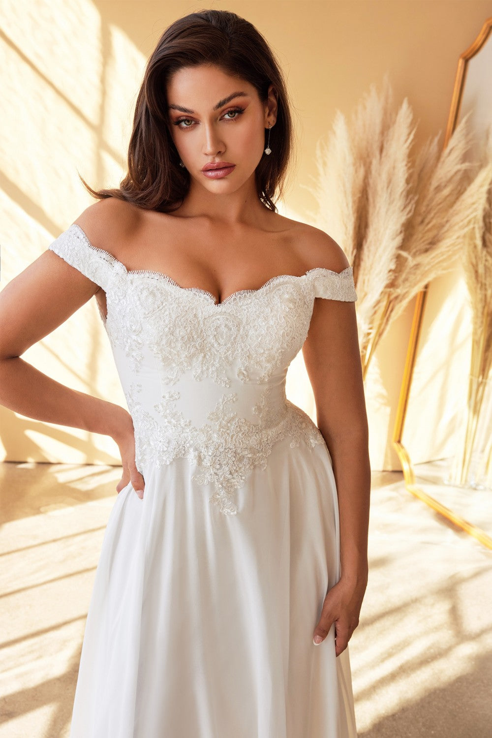 Off Shoulder Floral Bodice Appliqued Embroidered Top Cap Sleeves A-line Long Wedding Dress CD7258W Sale