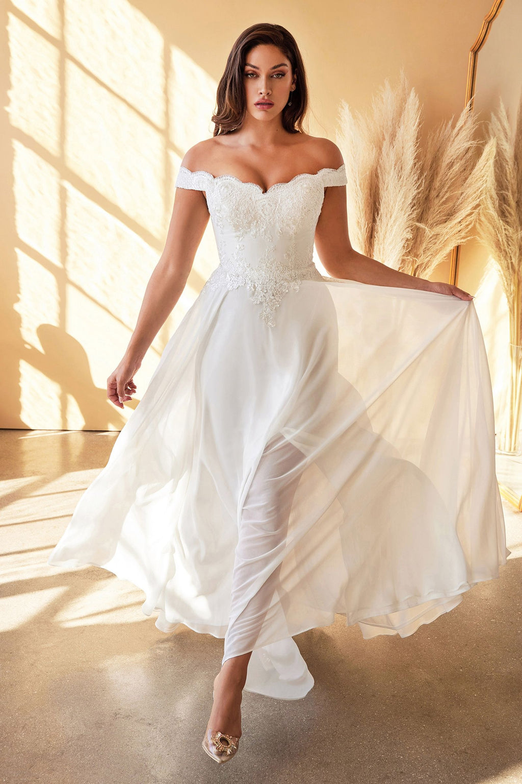 Ivory Off-Shoulder Lace Bodice Gown with Flowy Skirt | Romantic A-Line Bridal Dress  CD7258W