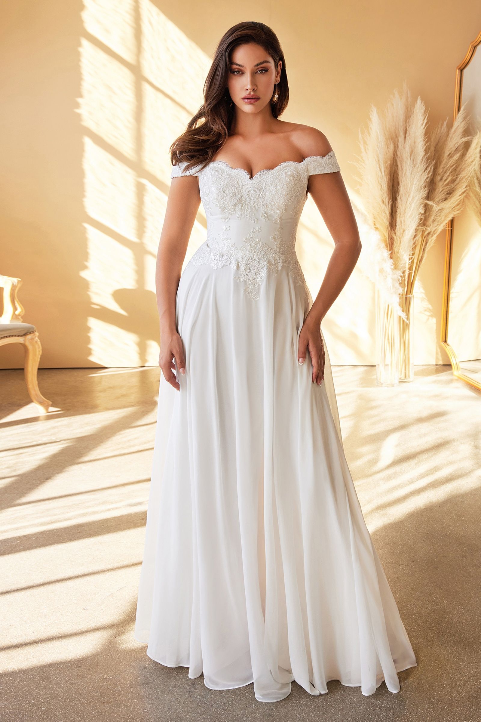 Ivory Off-Shoulder Lace Bodice Gown with Flowy Skirt | Romantic A-Line Bridal Dress  CD7258W
