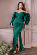Off-Shoulder Satin Gown with Draped Sleeves – Plus & Standard Size Formal Dress with Slit  CD7482C