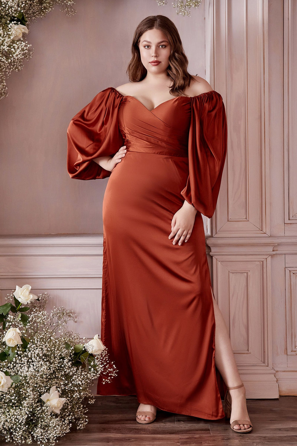 Off-Shoulder Satin Gown with Draped Sleeves – Plus & Standard Size Formal Dress with Slit  CD7482C