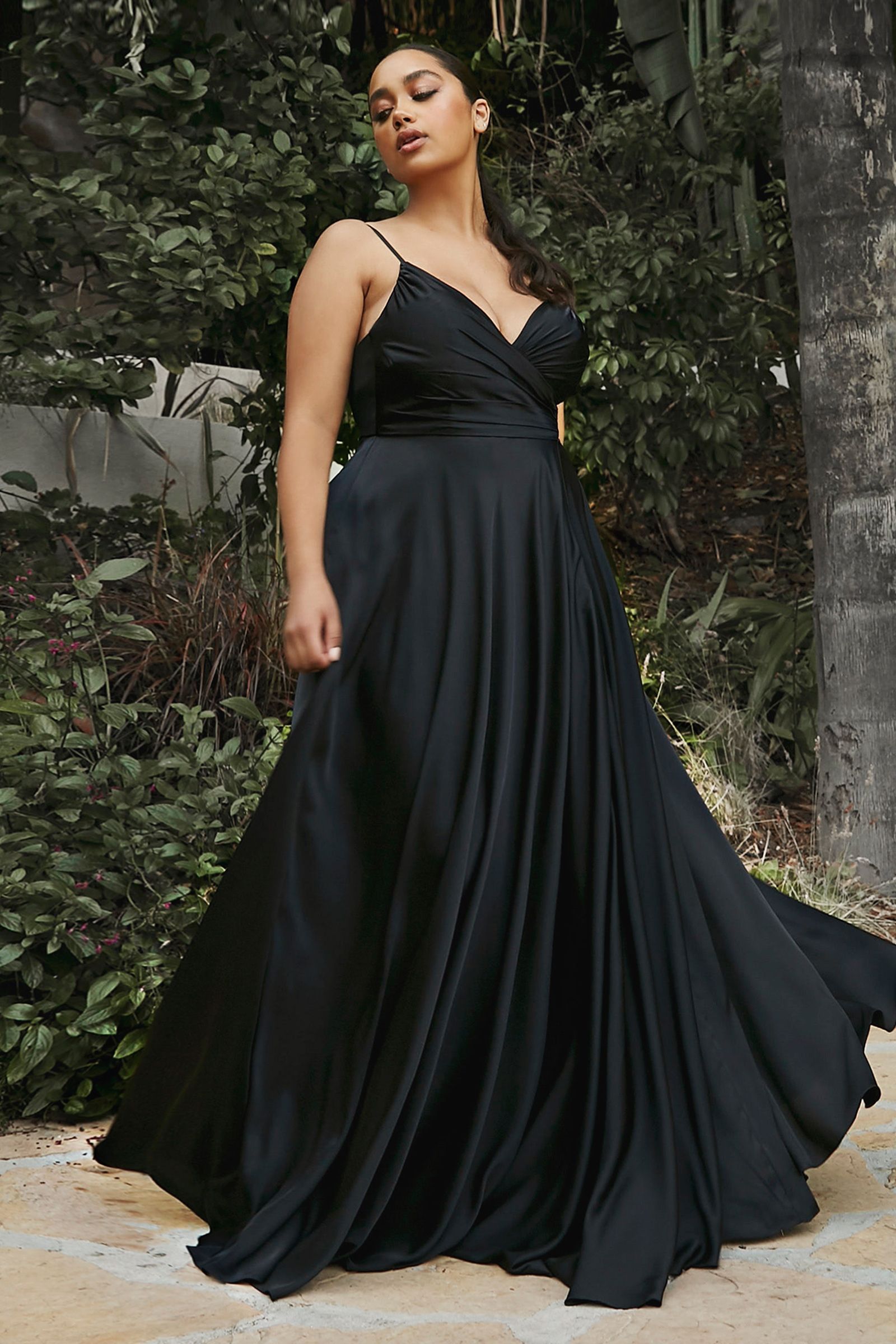 Satin A-line Deep V-Neckline Wrapped Bodice Open Back Long Prom & Bridesmaid Dress CD7485