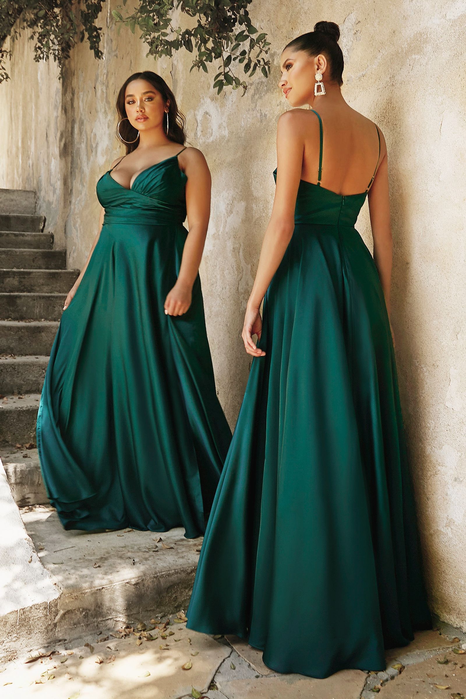 Satin A-line Deep V-Neckline Wrapped Bodice Open Back Long Prom & Bridesmaid Dress CD7485