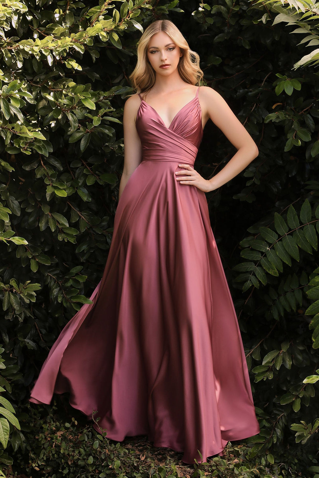Satin A-line Deep V-Neckline Wrapped Bodice Open Back Long Prom & Bridesmaid Dress CD7485