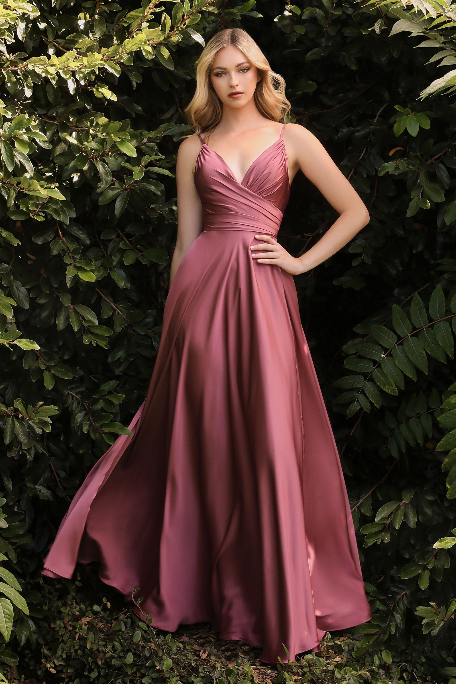 Satin A-line Deep V-Neckline Wrapped Bodice Open Back Long Prom & Bridesmaid Dress CD7485