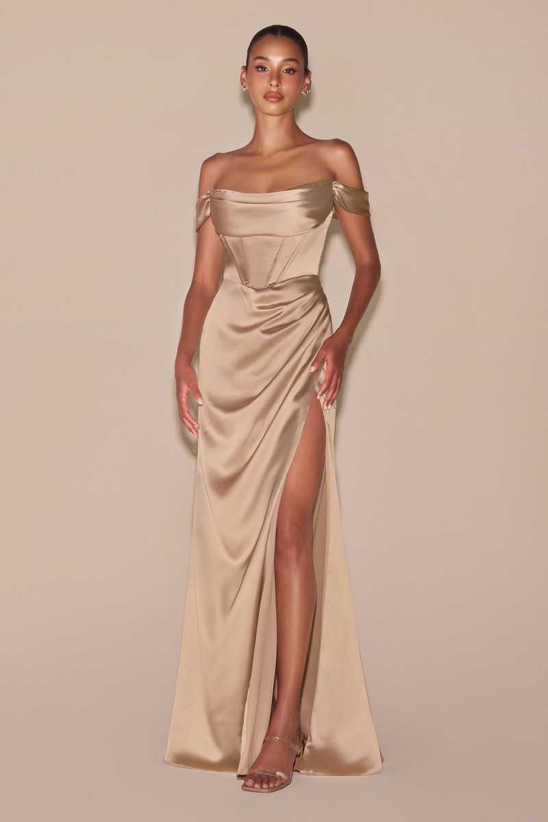 OFF THE SHOULDER SATIN CORSET GOWN CD7492C