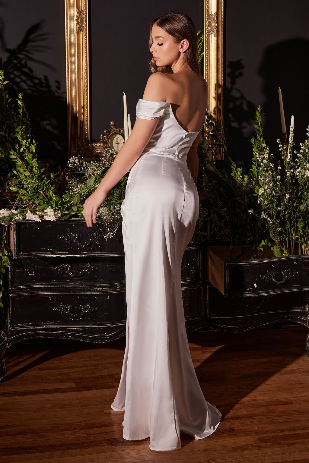 SATIN OFF THE SHOULDER CORSET OFF WHITE GOWN CD7492W