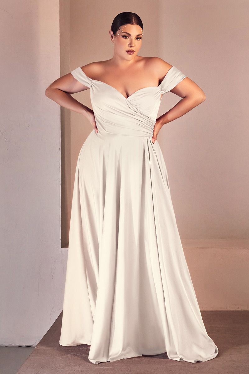 Plus Size White Off-Shoulder A-Line Gown – Sweetheart Ruched Formal Dress  CD7493WC