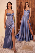 Fitted Satin Bustier Draped Side Slit Long Evening Dress CD7495