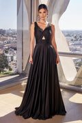 A-Line Satin Keyhole Open Back V-Neck Long Bridesmaid Dress CD7497