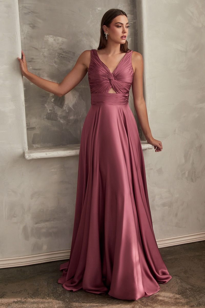 A-Line Satin Keyhole Open Back V-Neck Long Bridesmaid Dress CD7497