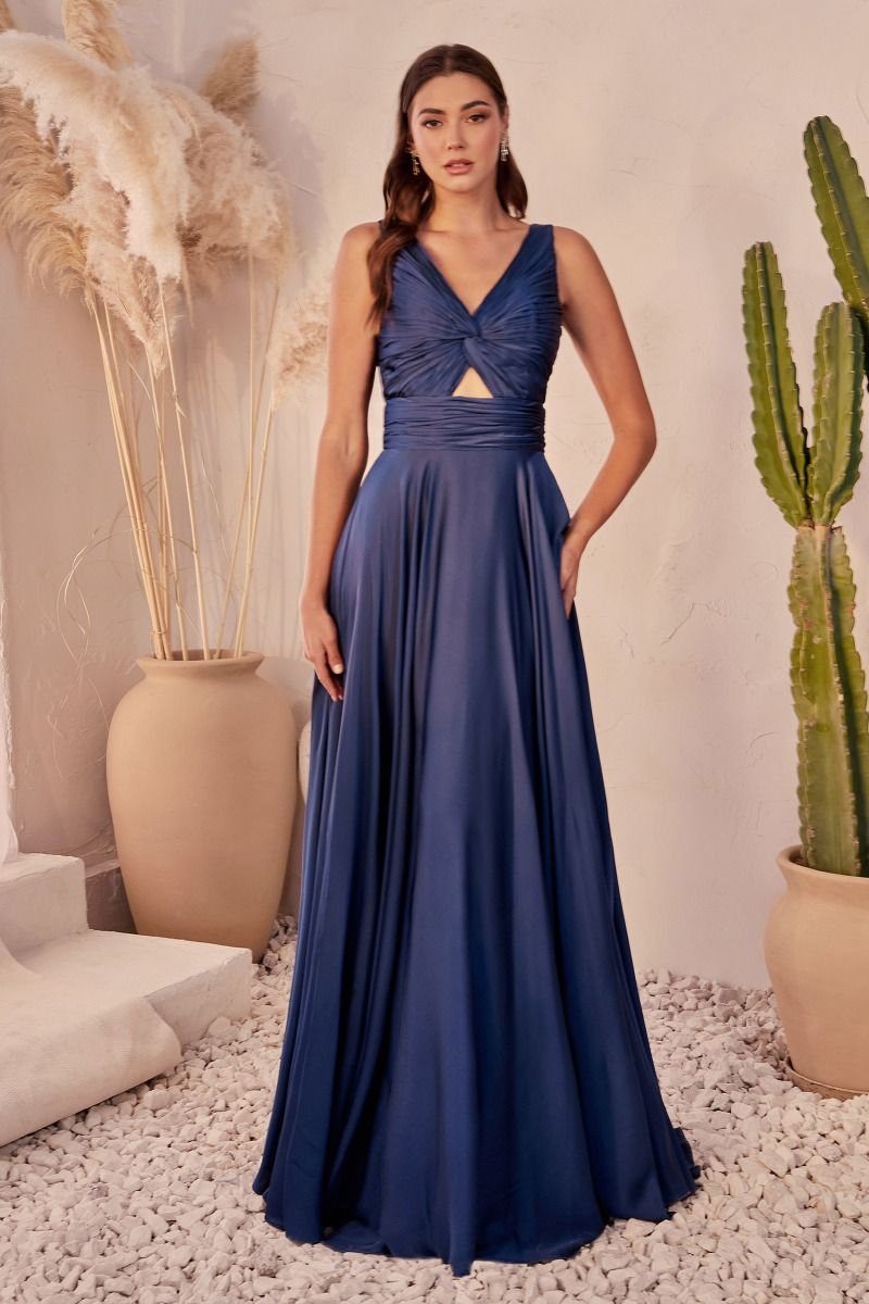 A-Line Satin Keyhole Open Back V-Neck Long Bridesmaid Dress CD7497