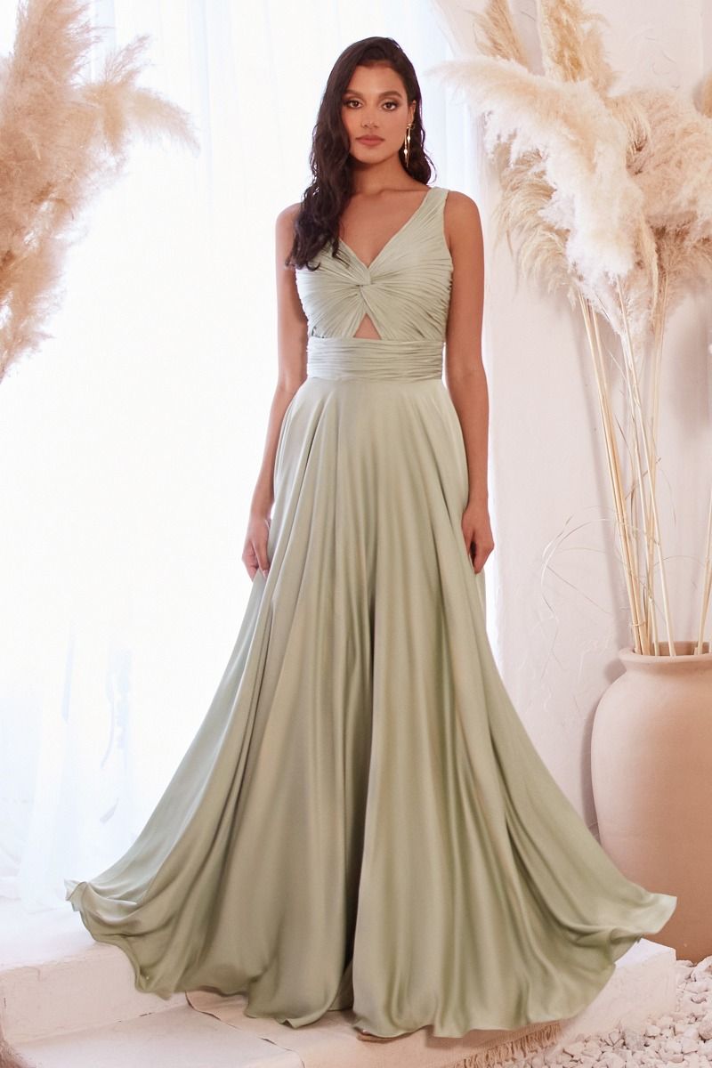A-Line Satin Keyhole Open Back V-Neck Long Bridesmaid Dress CD7497