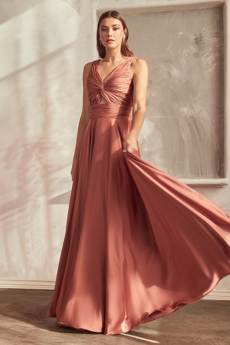 A-Line Satin Keyhole Open Back V-Neck Long Bridesmaid Dress CD7497