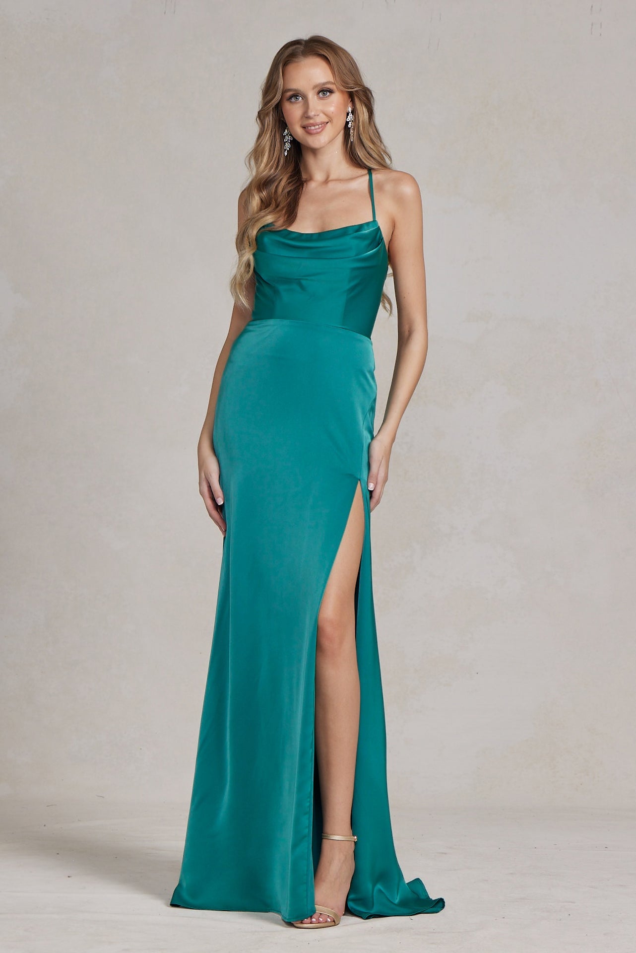 Side Slit Cowl Neck Satin Open Criss Cross Back Long Evening Dress NXE1068