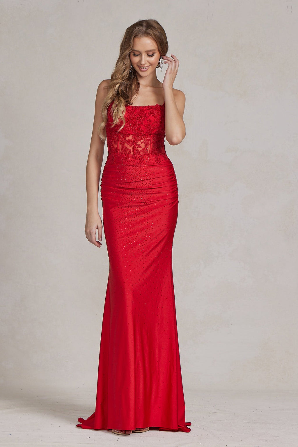 Mermaid Satin Embroidered Lace Square Neck Long Prom Dress NXE1186