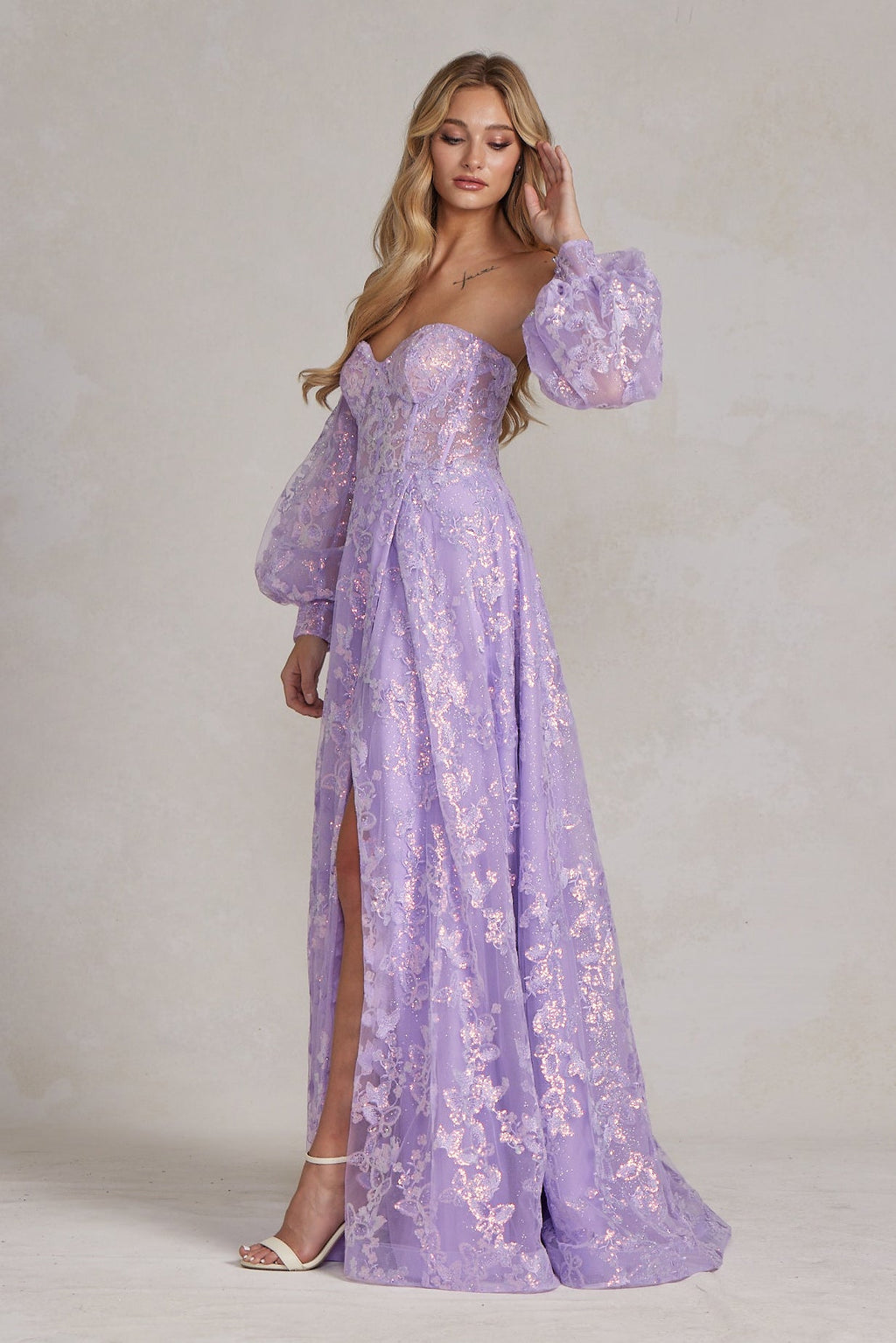 Off Shoulder Sweetheart Sheer Bodice Side Slit Open Back Long Prom Dress NXK1155