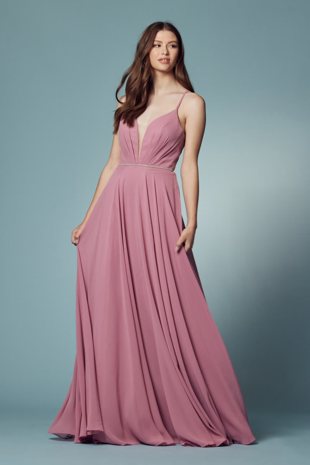 Dusty Rose A-Line Chiffon Formal Dress with Plunging Neckline  NXR416