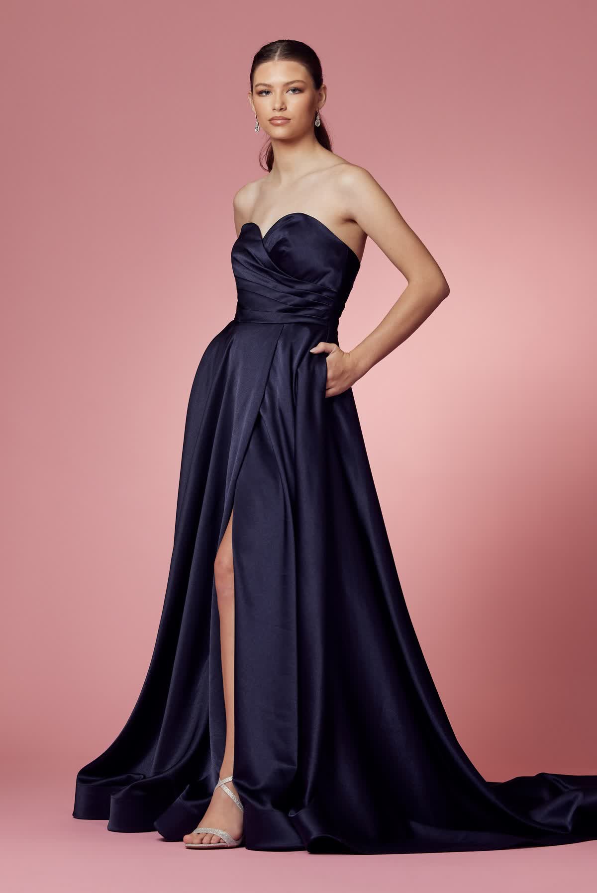 Strapless Satin High Slit Long Prom Dress NXR1036