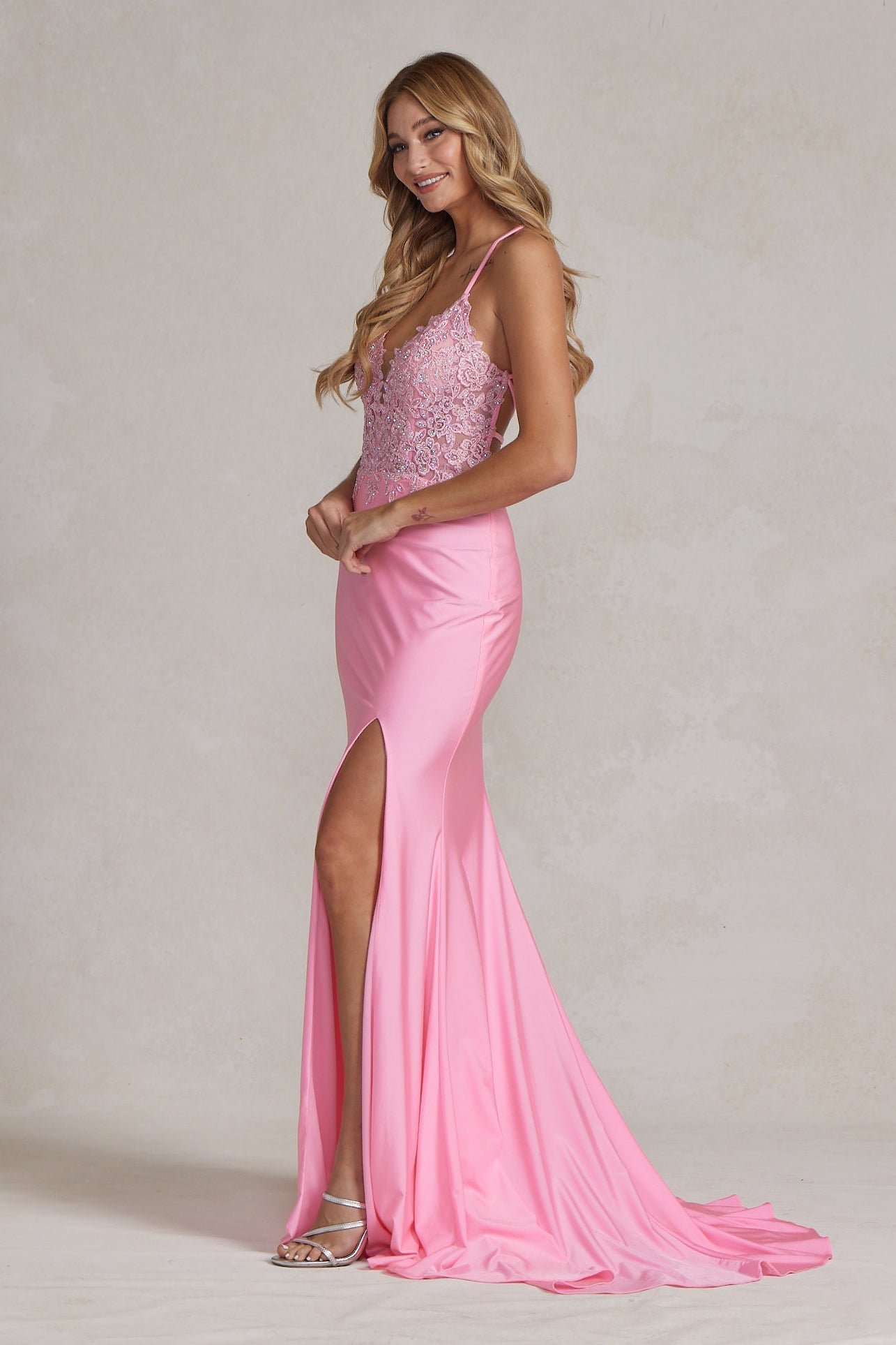Embellished Lace Bodice Satin Gown with High Slit – Available in Pink & Royal Blue NXG1150