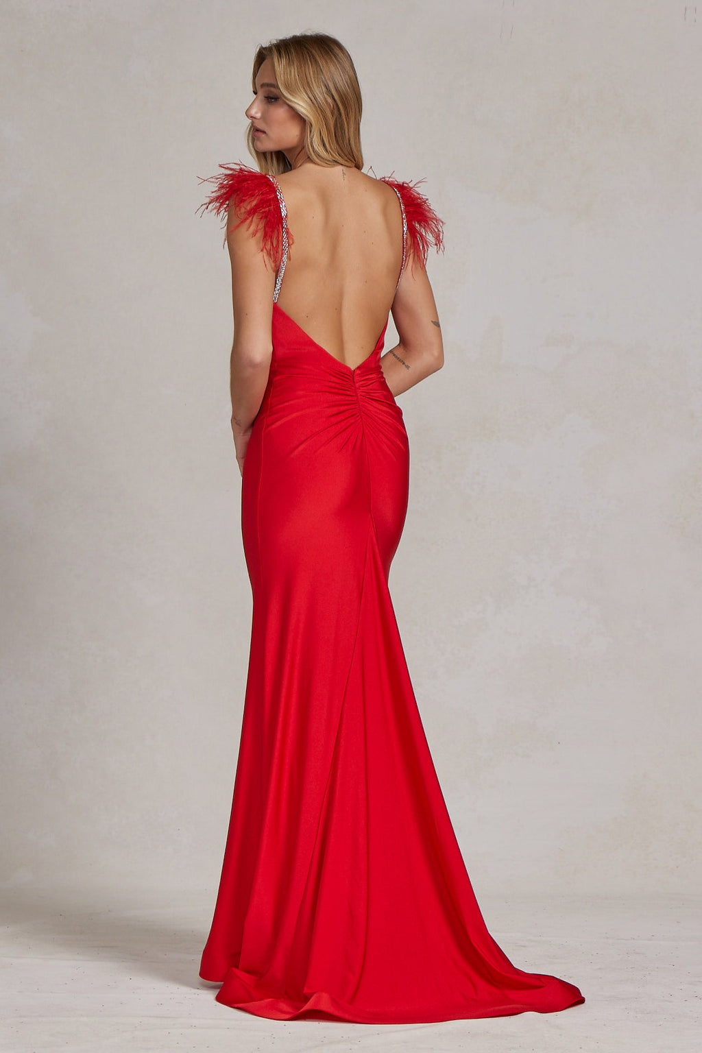 Mermaid Satin Embellished Feather Open Back Long Prom Dress NXT1138