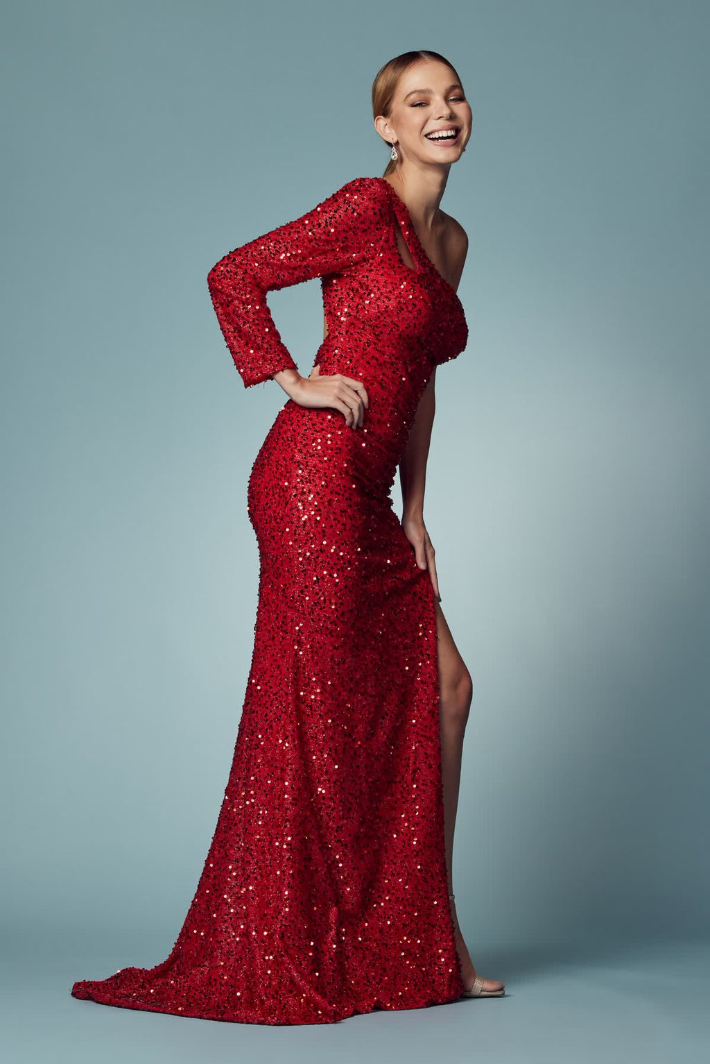 Embroidered Sequin One Shoulder Long Sleeve High Slit Long Prom Dress NXS1013