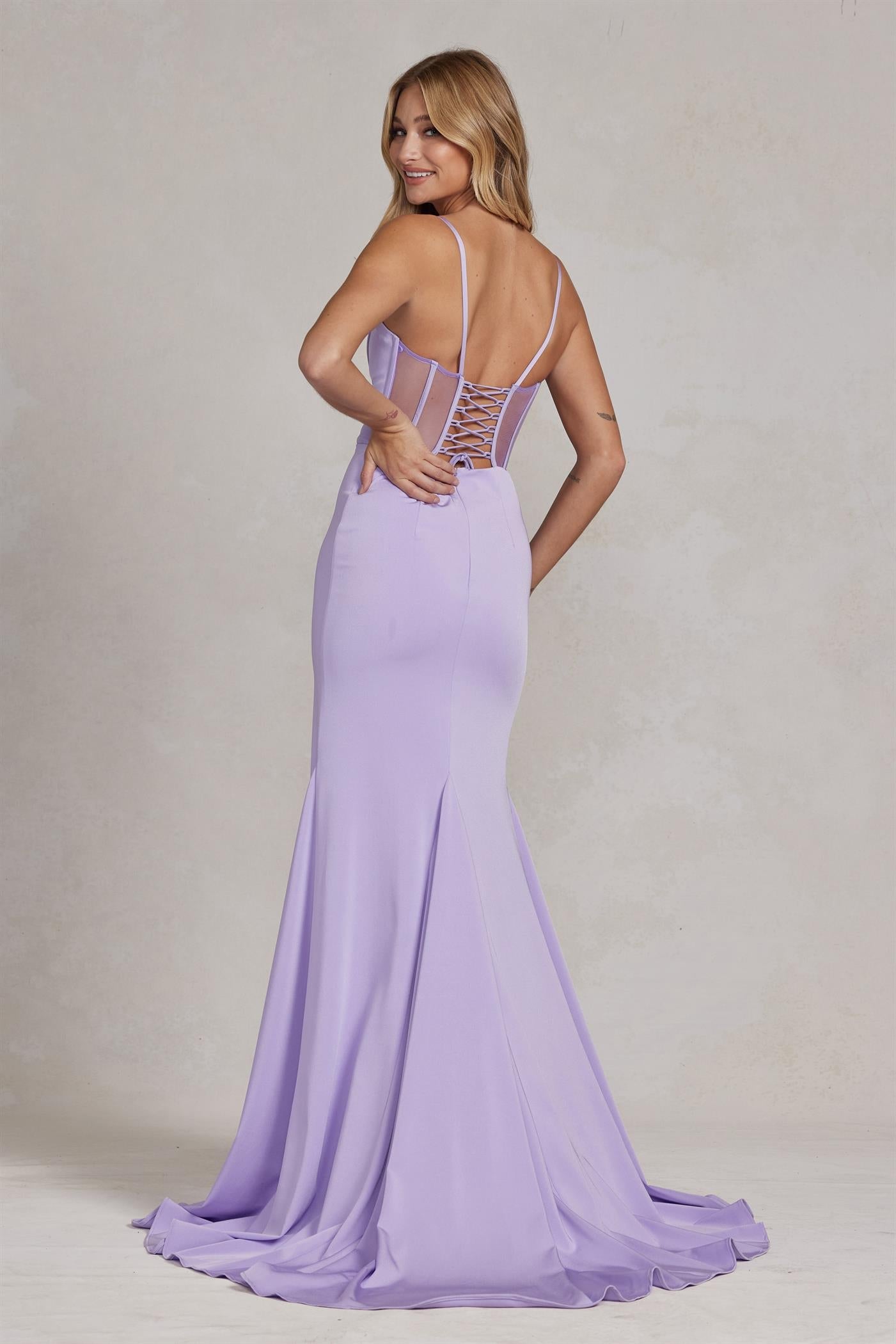 Satin Corset Gown with High Slit – Lavender or Red NXP1168