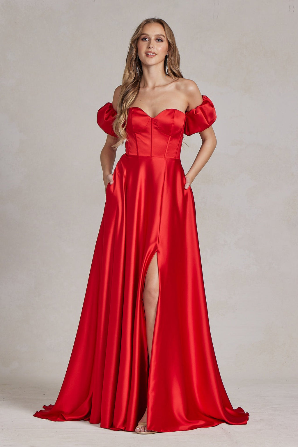 Off Shoulder Sweetheart Satin Side Slit Long Prom Dress NXK1122