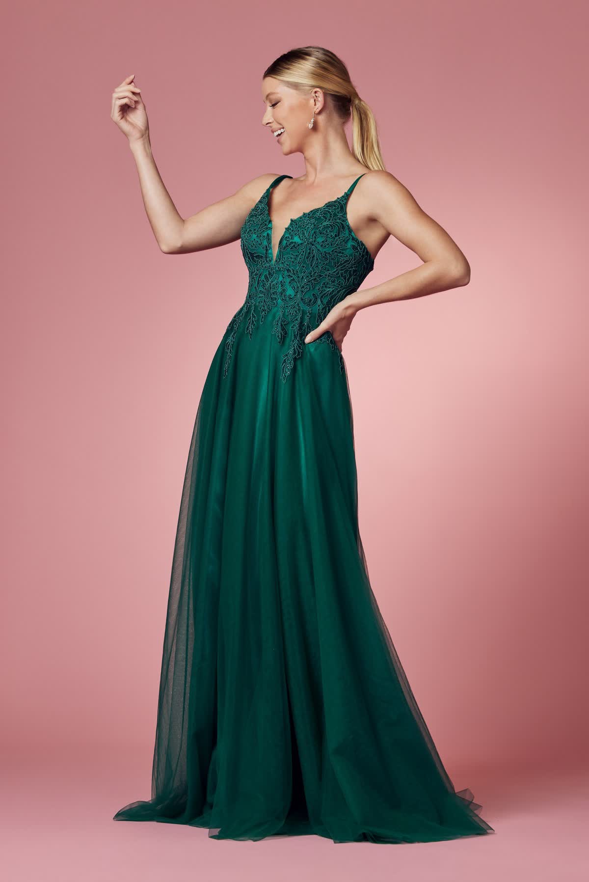 Emerald Green A-Line Tulle Gown with Lace Bodice – Nox Anabel Evening Dress NXR357