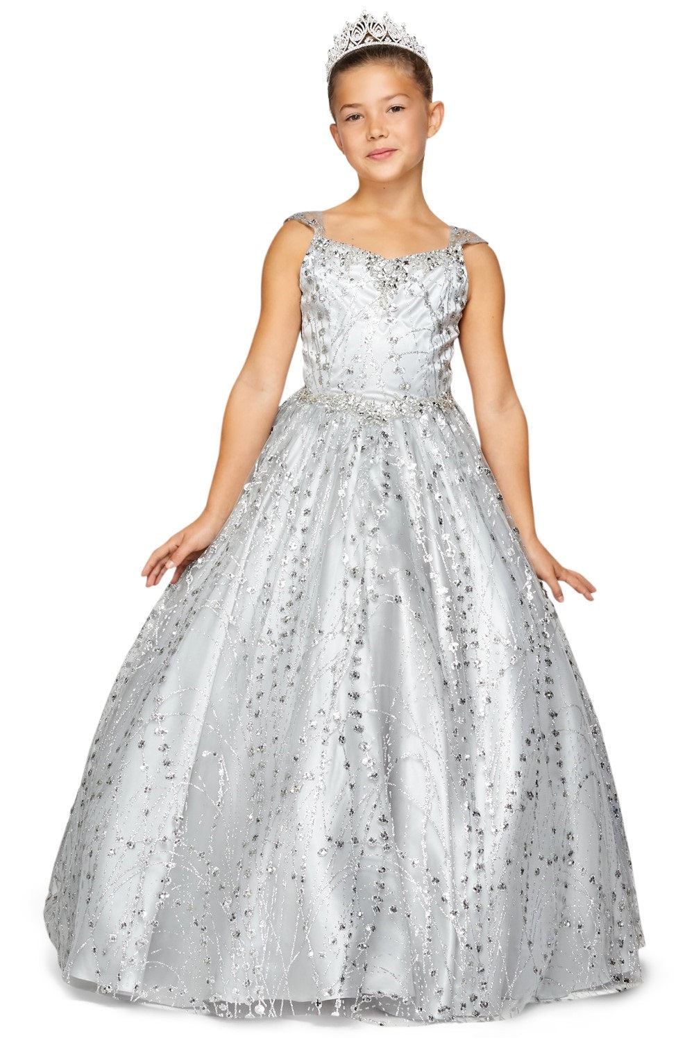 Metallic Glitter Sweetheart Spaghetti Corset Back Long Kids Dress CU8007