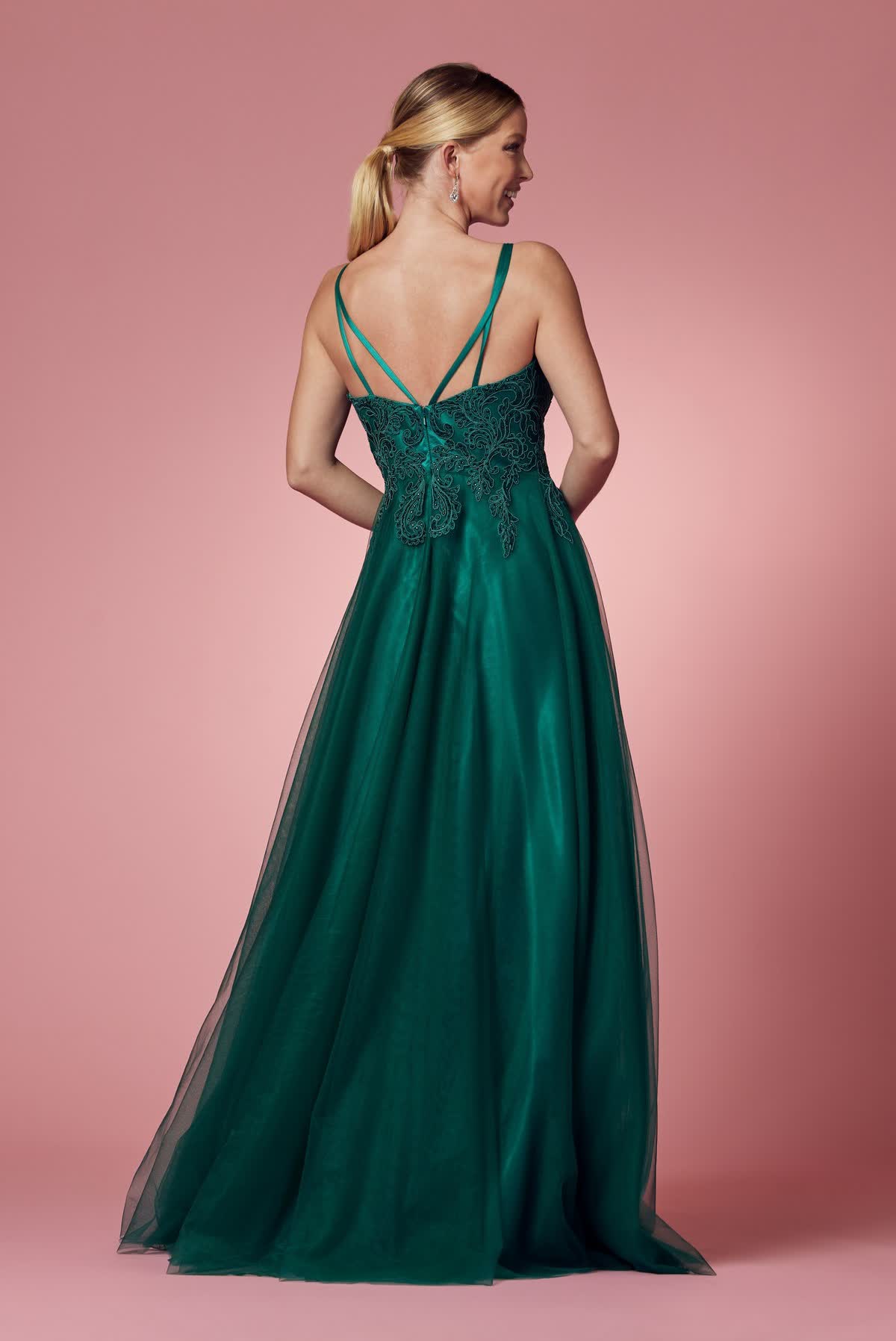 Emerald Green A-Line Tulle Gown with Lace Bodice – Nox Anabel Evening Dress NXR357