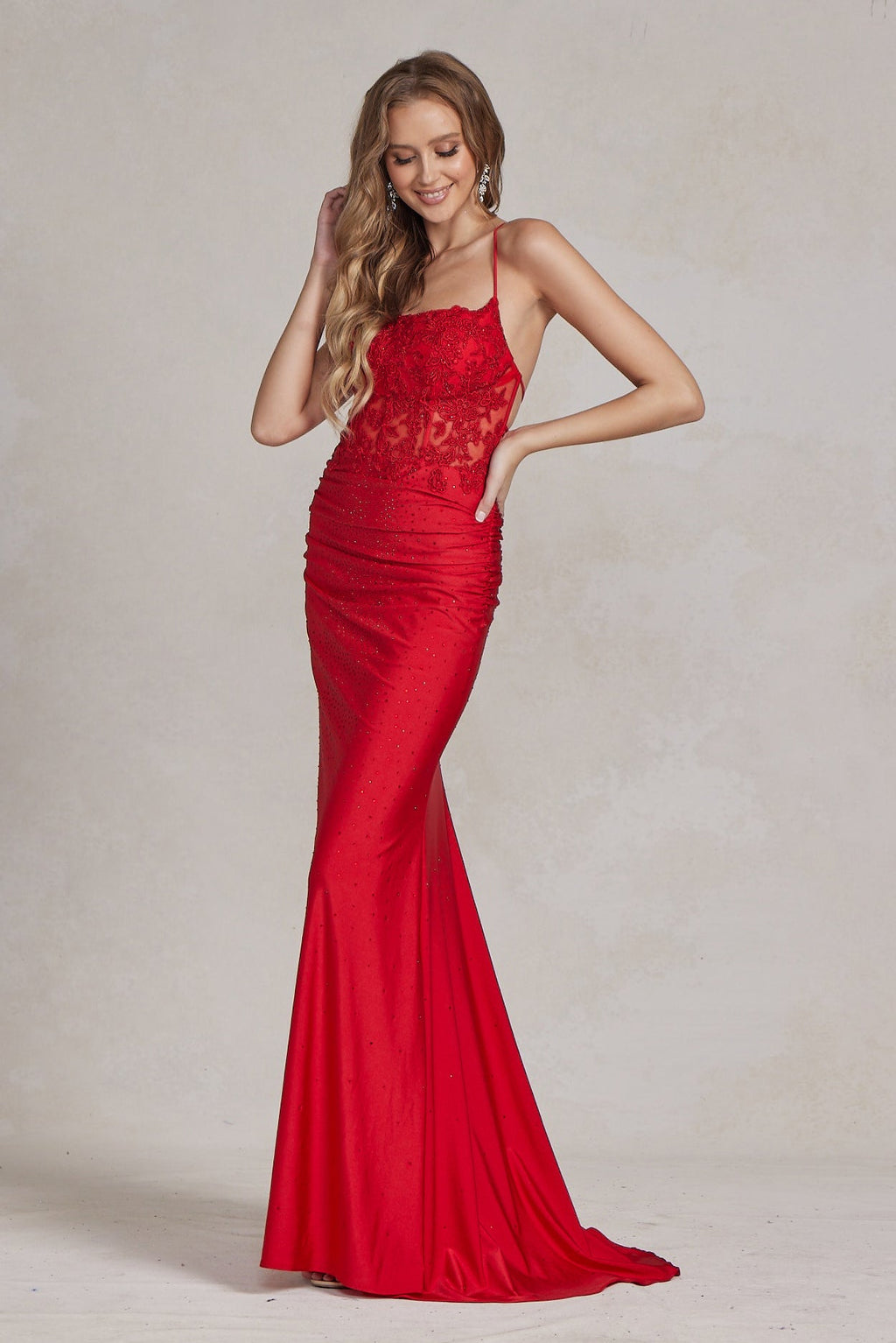 Mermaid Satin Embroidered Lace Square Neck Long Prom Dress NXE1186