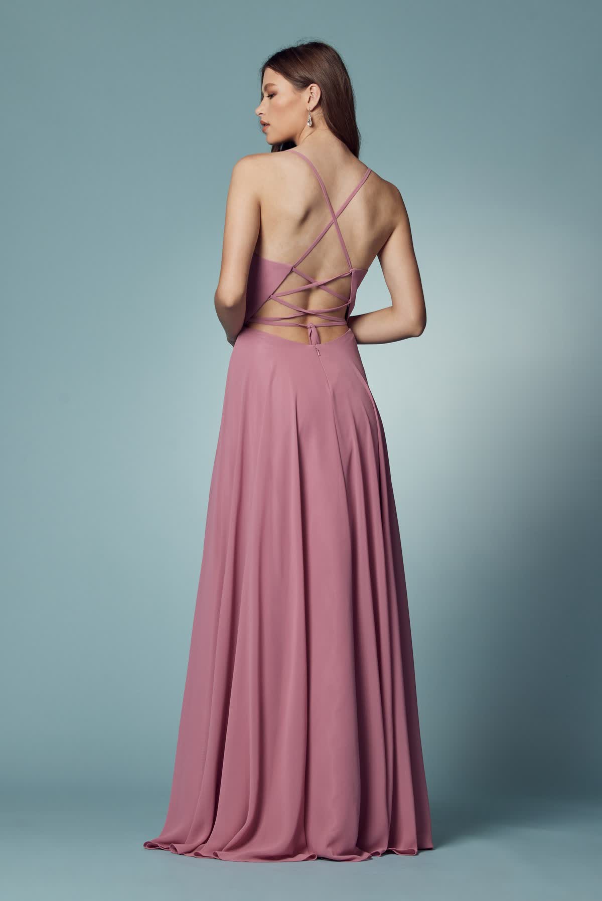 Dusty Rose A-Line Chiffon Formal Dress with Plunging Neckline  NXR416