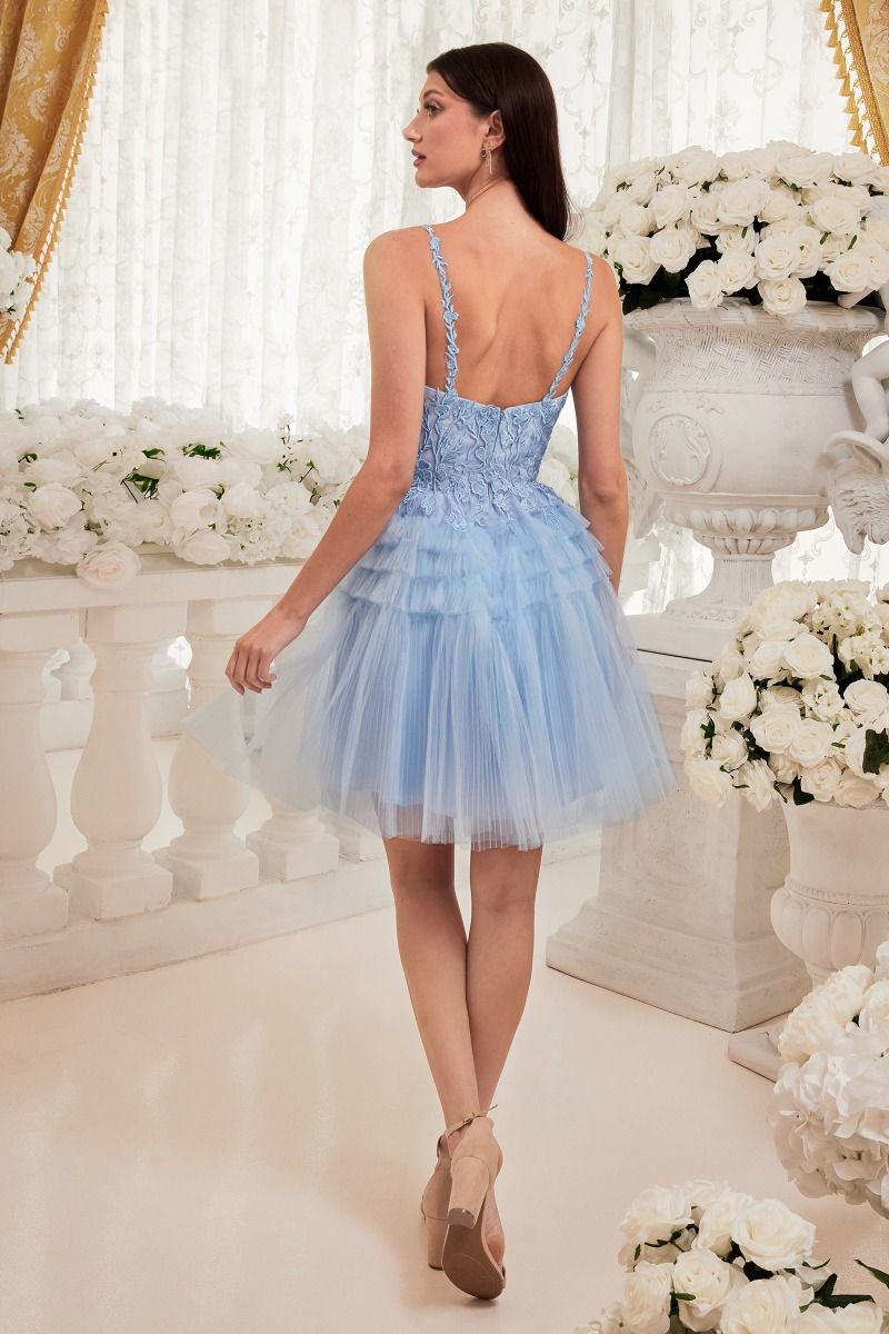 Peach, Baby Blue | Tiered Tulle Mini Dress with Lace Bodice & Spaghetti Straps  CD9310