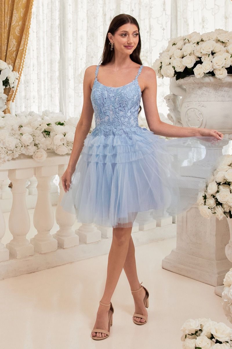 Peach, Baby Blue | Tiered Tulle Mini Dress with Lace Bodice & Spaghetti Straps  CD9310