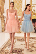 Peach, Baby Blue | Tiered Tulle Mini Dress with Lace Bodice & Spaghetti Straps  CD9310