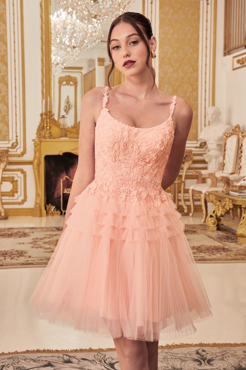 Peach, Baby Blue | Tiered Tulle Mini Dress with Lace Bodice & Spaghetti Straps  CD9310