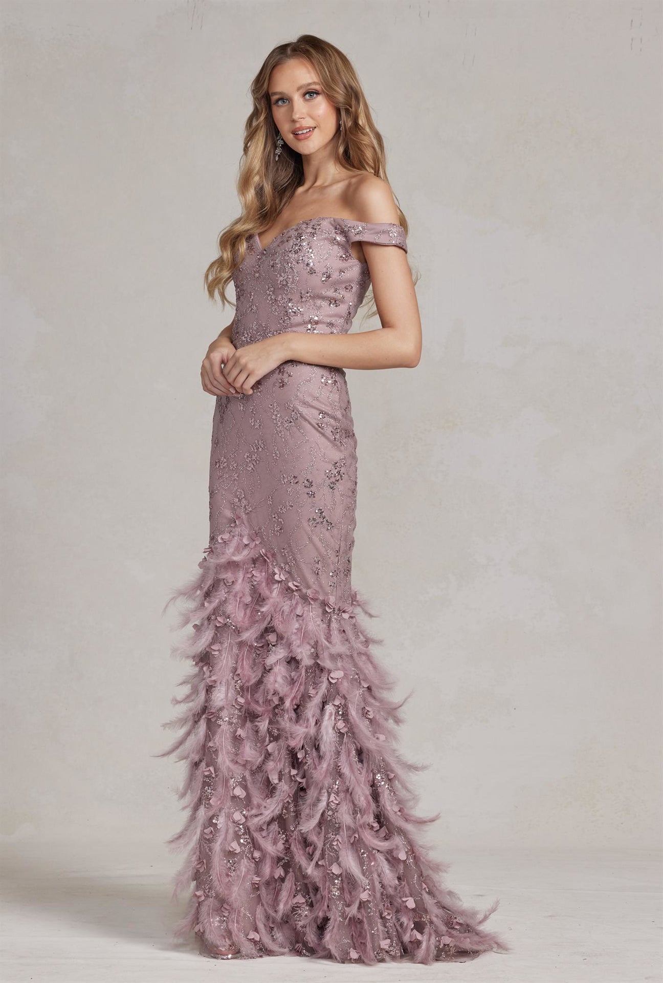 Off Shoulder Sweetheart Open Back Mermaid Feather Embellished Long Prom Dress NXC1106