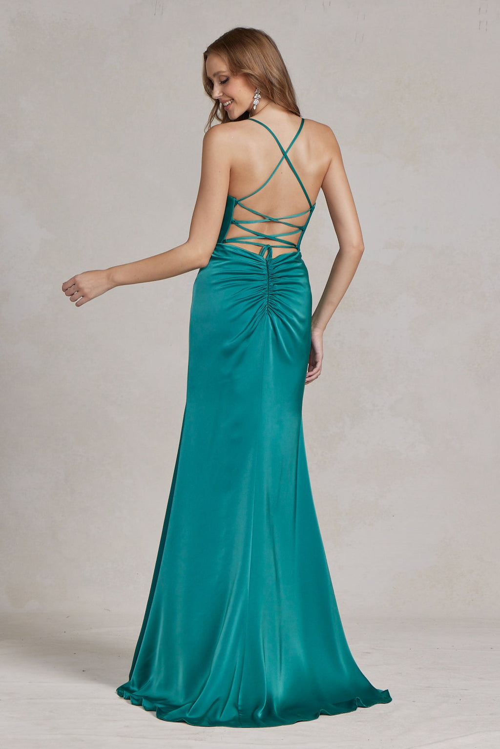 Side Slit Cowl Neck Satin Open Criss Cross Back Long Evening Dress NXE1068