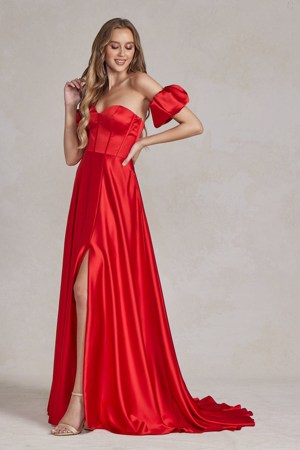 Off Shoulder Sweetheart Satin Side Slit Long Prom Dress NXK1122