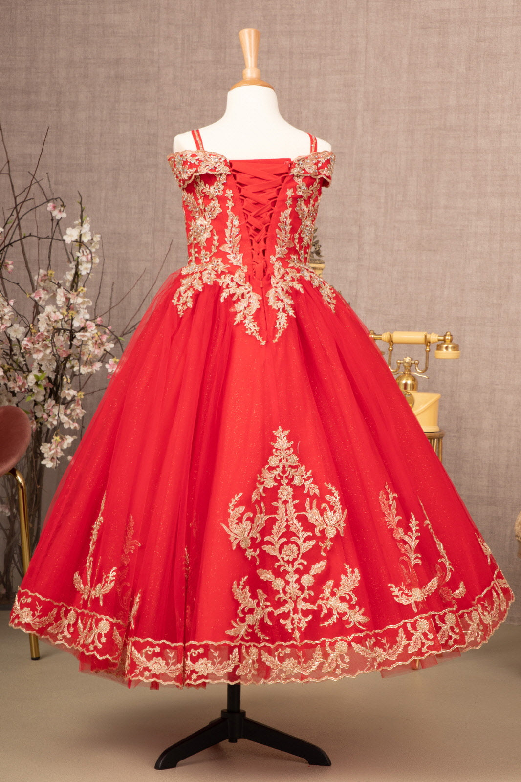 Embroidery Embellished Glitter Mesh A-Line Kids Dress GLGK100